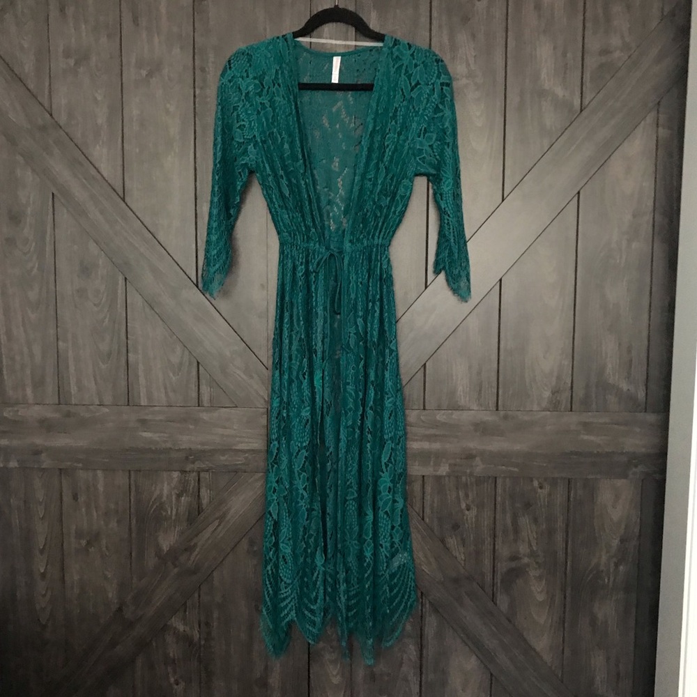 Xhiliration Green Lace Drawstring Kimono